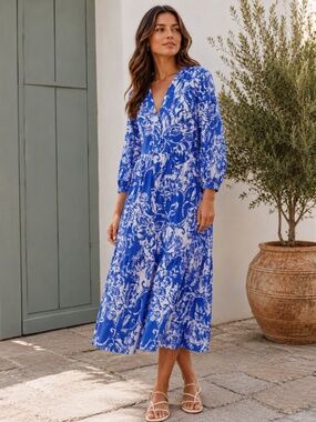Zara V Neck Tiered Maxi Dress Boho Floaty Blue White Floral Size XS